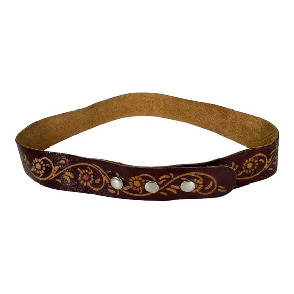 Boho Western Tooled Leather Stamped Belt One Size Brown Waist Snap Statement - Picture 3 of 5